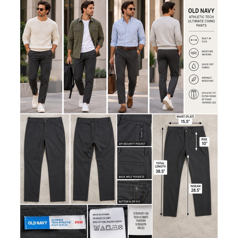 Old Navy Ultimate Tech Chino Pants Men 31x32 Athletic Fit Panther Built-In Flex